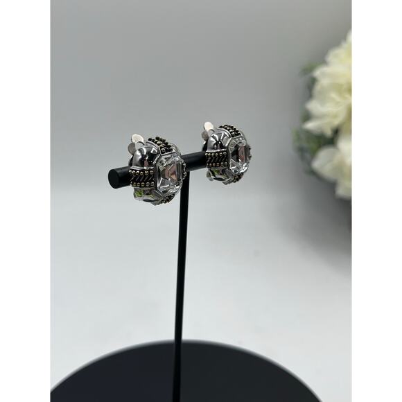 Vintage Silver Tone and Gold Tone Large Rhinestone Button Clip On Earrings - Picture 3 of 8